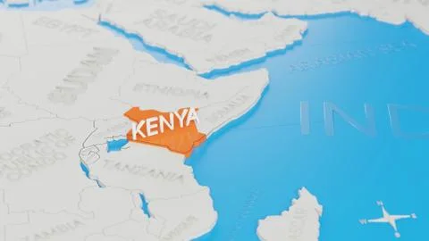 Kenya highlighted on a white simplified 3D world map. Digital 3D render. イラスト素材