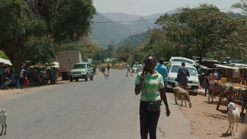 Kenya, Kapenguria - May 4, 2025: Young beautiful african girl walks along road Stockbeeldmateriaal 310517451