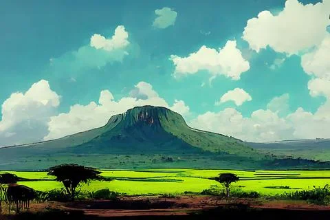 Kenya Landscape, Beautiful, fields tree mountains Stock Illustration
