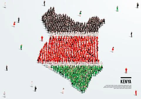Kenya Map and Flag. A large group of people in the Kenyan flag color form. Stock Illustration