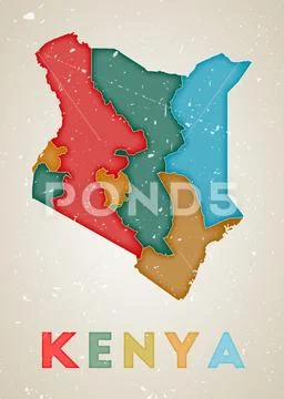 Kenya map. Country poster with colored regions. Old grunge texture ...