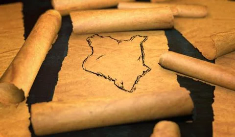 Kenya Map Drawing Unfolding Old Paper Scroll 3D Illustrazione stock