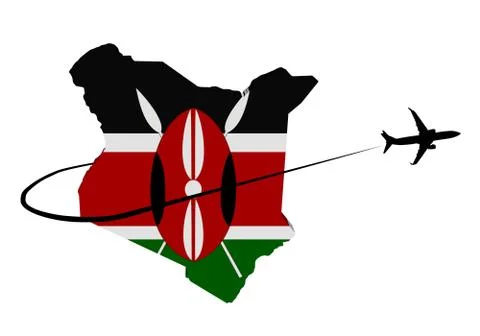 Kenya map flag with plane silhouette and swoosh 3d illustration Illustrazione stock