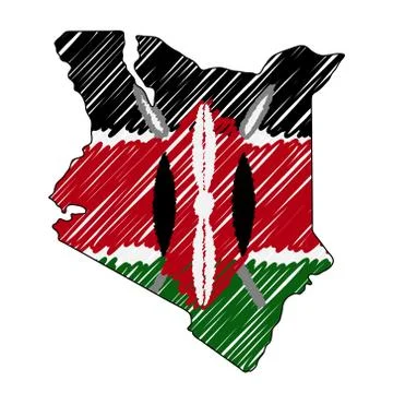 Kenya map hand drawn sketch. Vector concept illustration flag, childrens drawing Stock Illustration