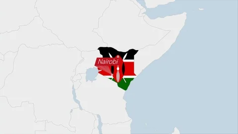 Kenya map highlighted in Kenya flag colors and pin of country capital Nairobi Stock Footage 125782784