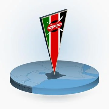 Kenya map in round isometric style with triangular 3D flag of Kenya Stock Illustration