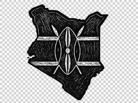 Kenya map silhouette with hand drawn national shield design. Stock Illustration