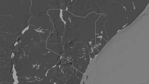 Kenya outlined on a Bilevel elevation map with lakes and rivers Illustrazione stock