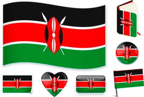 Kenyan flag in seven shapes. Editable with separate layers. Stock Illustration