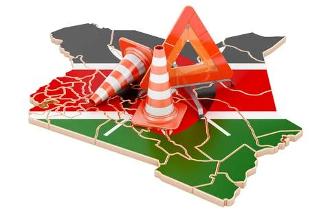 Kenyan map with traffic cones and warning triangle, 3D rendering Ilustración de archivo