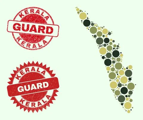 Kerala State Map Composition with Khaki Military Spheric Elements with Scratched 스톡 일러스트