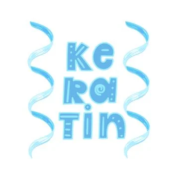 Keratin. Spiral shape. Protein structure. Hand drawn lettering. Blue color. E Stock Illustration