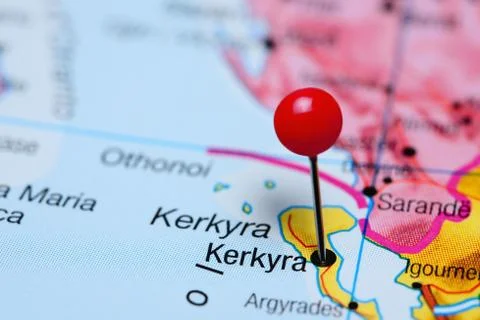 Kerkyra pinned on a map of Greece Stock-Fotos