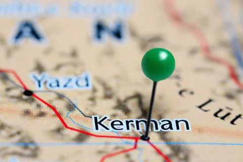 Kerman pinned on a map of Iran Stock Photos