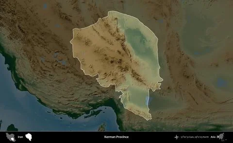 Kerman Province highlighted, Iran. Physical Stock Illustration