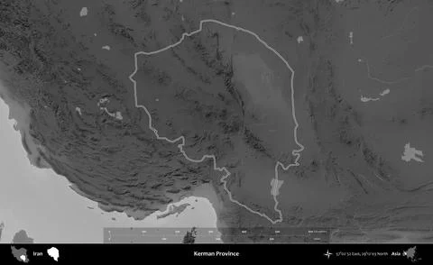 Kerman Province outlined, Iran. Grayscale Stock Illustration