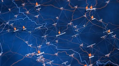 Kermanshah map big data visualization. Futuristic map infographic of city in Illustrazione stock