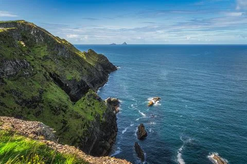 Kerry Cliffs with a view on Great Skellig island where Star Wars were filmed Stock Photos