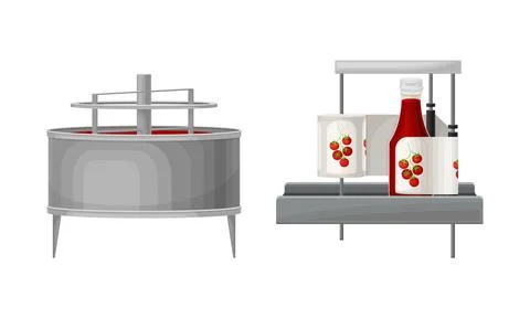 Ketchup manufacturing process set. Equipment for the production of tomato sauce Stock Illustration