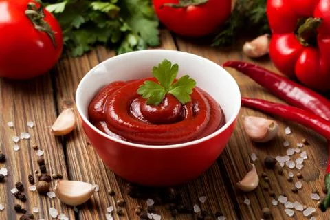 Ketchup in a red cup Stock Photos