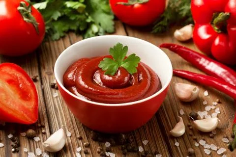 Ketchup in a red cup Stock Photos
