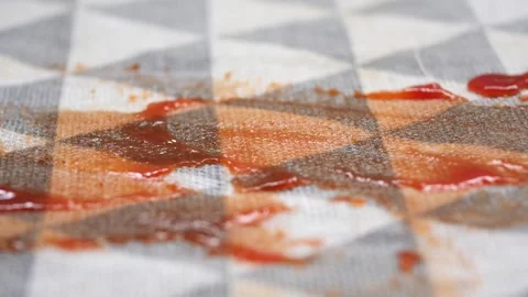 Ketchup stain on checkered fabric surface spreads slowly and dries. Stock Footage 331725644