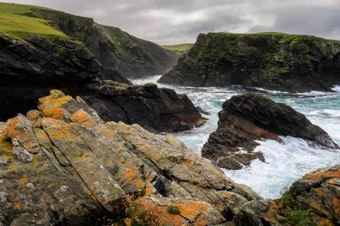 Ketla Ness peninsula, Fugla Stack, dramatic coast, cliffs, clouds, Banna Minn, Foto stock