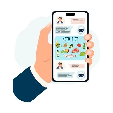 Keto diet app interface on smartphone held by hand with food icons and chat.. Stock Illustration