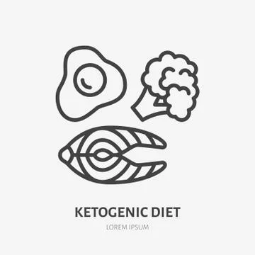 Keto diet line icon, vector pictogram of ketogenic food - egg, salmon, broccoli Stock Illustration