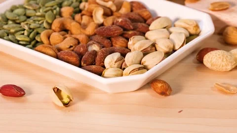 Keto diet protein sources panning shot with meat eggs fish nuts and dairy p.. Stock Footage 334092042