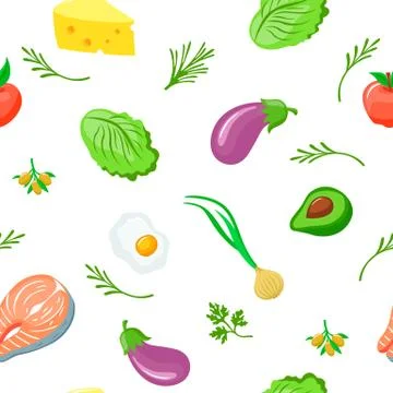 Keto diet seamless pattern. Green lettuce purple fresh eggplant appetizing half Stock Illustration