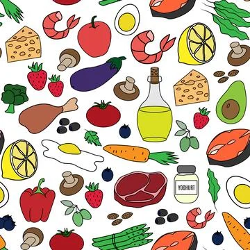 Ketogenic diet. Big set seamless pattern on white background Stock Illustration