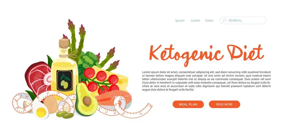 Ketogenic diet web banner template. Basic keto foods with measuring tape, die Stock Illustration