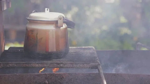 Kettle to boil in a camping for making tea on a campfire Vídeo Stock 197671238