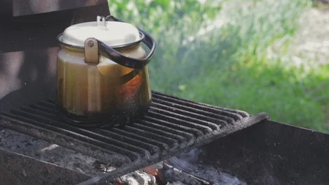 Kettle to boil in a camping for making tea on a campfire Vídeo Stock 199384477