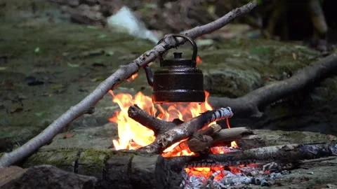 Kettle Boiling on Campfire Stock Footage 311667398