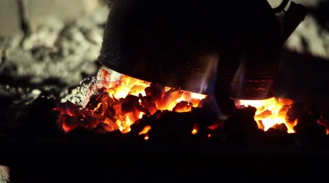 Kettle boiling on the fire Stock Footage 44555238