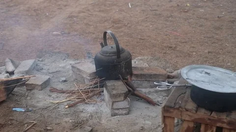 The kettle is boiling on the fire Stock Footage 78885266