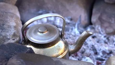 Kettle Boiling Over Campfire Video stock 331564500