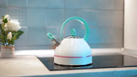 Kettle boiling with steam emitted from spout. Stock Footage 158239396