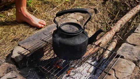 Kettle Boils on an Open Fire During the Day Stock Footage 252805561