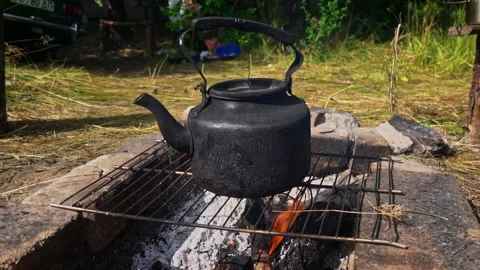 Kettle Boils on an Open Fire During the Day Stock Footage 252806003
