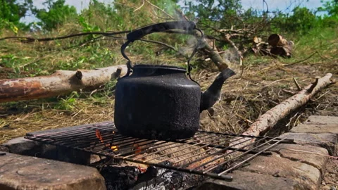 Kettle Boils on an Open Fire During the Day Vídeo Stock 252806497