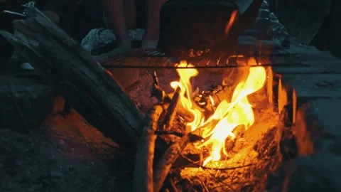 Kettle Boils on an Open Fire at Night Stock Footage 256166879