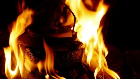 Kettle in the Campfire Stock Footage 97181498