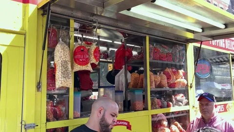 Kettle Corn (Popcorn) Samples Passed Out By Bearded Man Stock Footage 76141735