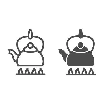 Kettle on fire line and solid icon, kitchen ware concept, teapot on gas stove Stock Illustration