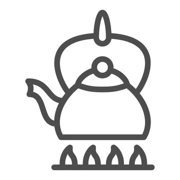 Kettle on fire line icon, kitchen ware concept, teapot on gas stove vector sign Stock Illustration