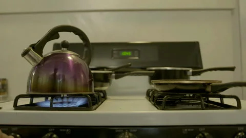 Kettle on Gas Stove Burner Igniting Flame Stock Footage 344614557