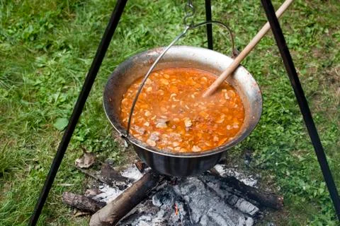Kettle over campfire Foto stock